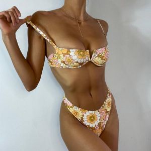 Sexy Retro Printed Bikini Female Push Up Underwire Swimsuit Two Piece High Waist Swimwear Beachsuit Summer Biquini Bathing Suit