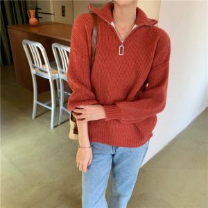Hzirip Women Knitted Sweater 2021 Autumn Casual All Match Female Pullover Zipper Turtleneck Elegant Solid Concise Office Lady