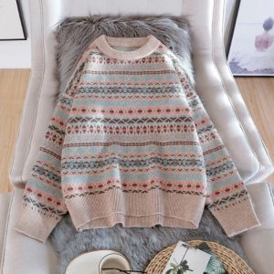 Retro diamond pattern sweater women's pullover 2021 autumn and winter new loose lazy thick round neck knitted