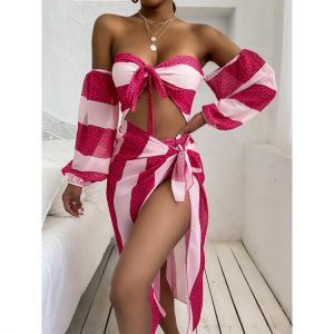 Swimsuit And Cover Up Sets 2021 Sexy Women Swimwear Beach Wear Floral Print V-Neck Bandage Bikini set+Cover Up Three Piece Set