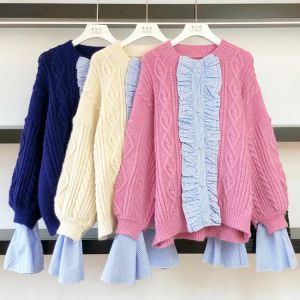 PEONFLY NEW Korean Fashion Women Sweater and Pullovers Patchwork Ruffles Knit Jumper Oversize Knit Jumpers Twistted Pull Femme