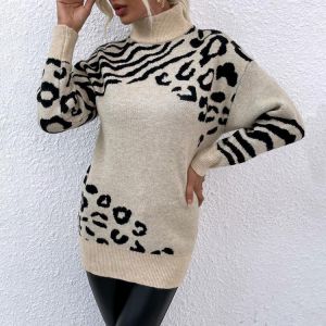 Turtleneck Autumn Winter Knitted Sweaters For Women Ladies Long Sleeve Baggy Jumpers Thick Leopard Print Sweater Dress Pullover