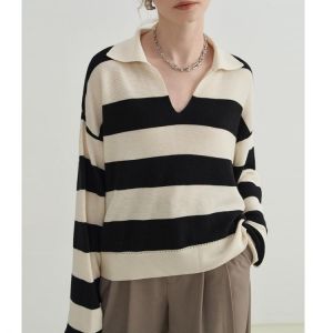 Knitted Womens Pullover Sweater Loose Lapel Striped Sweaters Knitted Long Sleeve Oversized Sweater