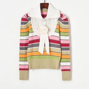 Autumn Sweater Women Knitted Striped Patchwork Ruched Turn Down Collar Pullover Long Sleeve Slim Fit Jumper Flower Soft Tops