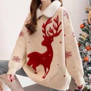 Pullovers Sweater Female Casual Christmas Elk Dog Pattern Sweaters Women Knitted Polo Collar Jumper Warm Tops 2021 Autumn Winter