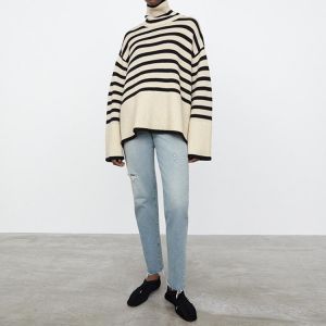 Women Sweater 2021 New High Neck Wide Sleeve Striped Sweater Wool Stitching Loose Thick Knit Pullover Top