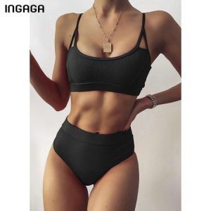 INGAGA High Waist Bikinis Ribbed Women's Swimsuit 2021 Swimwear Women Cut Out Bathing Suits Push Up Biquini Black Bikinis Set