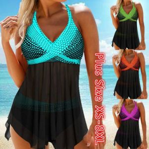 2021 Sexy Swimwear Summer Women Plus Size Tankini Sets Stripe Print Backless Halter Two Pieces Swimsuit Beachwear Swimdress Sets