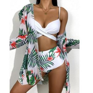 3 Pcs High-Waist Bohemia Swimwear Set Summer Floral Print Bikini Swimsuit Beachwear Women Brazilian Push-Up Bathing Suit Biquini