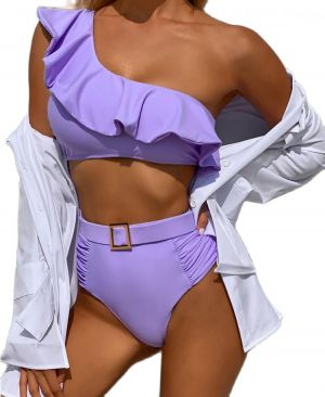 2021 New Summer Women's Solid Purple Ruffle One-shoulder Bikini Set Split High Waist Swimsuit