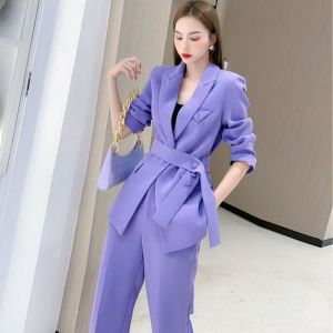 Fashion Solid Lace Up Blazer And Wide Leg Trousers Suits Women 2021 England Style Jacket Long Pants Chic Two Piece Set Autumn