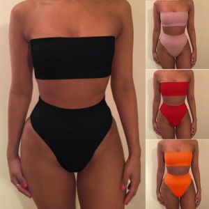 2021 Sexy High Waisted Strapless Boob Tube Top Bikini Set Swimsuit Two Pieces Solid Swimwear Brazilian Beachwear Women's Biqu
