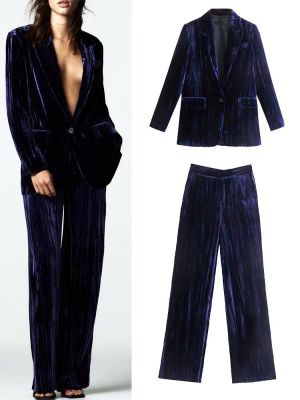ZA high-quality new women's temperament lapel velvet suit jacket + velvet casual straight wide-leg pants drape trousers