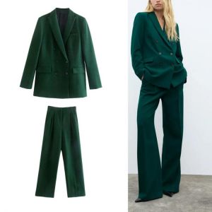 Za 2021 Woman Sets Double Breasted Slim Fit Suit Woman Casual Mid-Waist Suit Trousers Women Autumn Fashion Suit