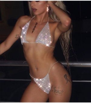 Glitter Rhinestones Three-point Halter Sexy Bikini Set Swimwear Women Diamond Sparkle Bandage Summer Beach Wear Thong Swimsuit
