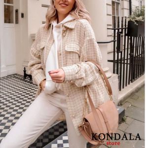 Women Blazer Za 2021 Office Lady Beige Plaid Print Singe Button Jacket Women Long Sleeve Casual Blazer Tops Mujer