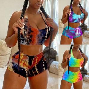 Tie Dye Sets Sporty Casual Workout Matching Sets Women Sleeveless Backless Patchwork Tracksuits Fitness Top And Shorts Set 2021