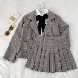 Women suit New Korean pleated plaid skirt suit coat solid lace up shirt student suit women skirt jackets women suit blazer