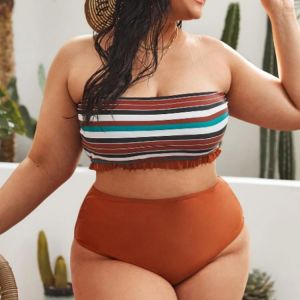 Striped Plus Size Women's 2 Pieces Bandeau Bikini Swimsuit Large Size Off Shoulder High Waist Bathing Suit High Cut Swimwear 