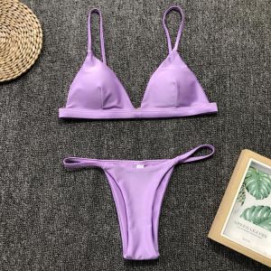 Sexy Micro Bikini 2020 Women Solid Purple Push Up Bikini Set High Cut Padded Bathing Suit Thong Swimsuit Female Summer Swimwear