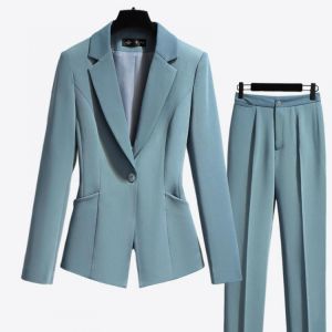 New 2021 Spring Autumn Women's Office Ladies Suits Notched Two Piece Sets Female Single Button Blazer Elegant Long Pant Suit