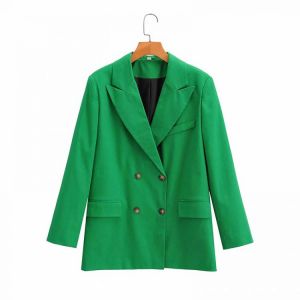 Nlzgmsj Za Women 2021 Solid Autumn  Green Blazer Coat Vintage Notched Collar Pocket Fashion Female Casual Chic Tops 202107