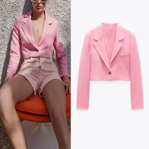 ZA 2021 Pink Cropped Blazer Woman Shoulder Pads Long Sleeve Office Lady Blazers Coat Women Fashion Single Button Ourerwear Top