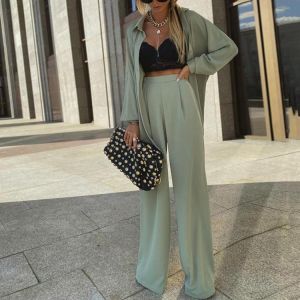 2021 Summer 2 Two Piece Set Women's Pantsuit High Waist Wide Leg Pants Blouses Suits Green Woman Trousers Shirts Sets Outfits