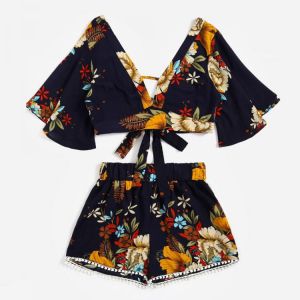 Fashion Women Casual Two Piece Set Flower Print Summer V Collar Backless Top Tassel Shorts Women's Sets Beachwear Clotehs 202