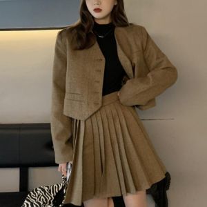 Womens Blazer Two Piece Suit Set Single Breasted Jacket Blazer  And Pleated Skirts England Style Female Two Piece Set Autumn