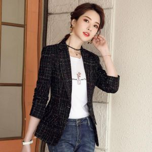 PEONFLY Casual Notched Blazers Women Fashion Single Breasted Jackets Women Elegant Long Sleeve Plaid Suits Female Ladies