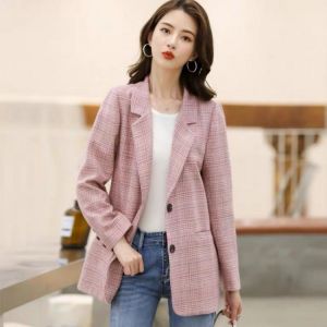 PEONFLY Fashion 2020 Autumn Casual Plaid Blazer Women Single Breasted Office Ladies Jacket Notched Collar Long Sleeve Coat Pink