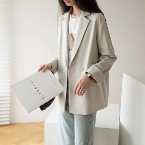 PEONFLY Women Fashion Office Ladies Double Breasted Blazers Coat Casual Loose Long Sleeve Female Outerwear Chic Tops For Autumn