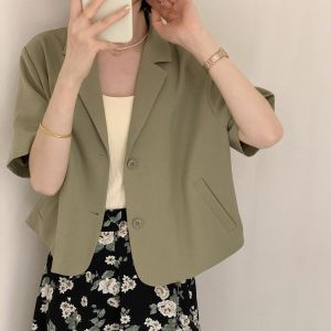 Women Summer Thin Short Blazer Notched Collar Short Sleeve Solid Blazer Coat 2021 Female Casual Single Breasted Outerwear Blazer