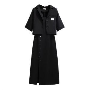 Elegant Female Dress Suits Women 2 Pieces Sets Single Breasted Short Sleeve Blazer And Sleeveless Spilt Dress Casual Sets Summer