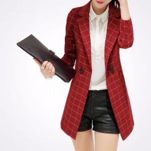 POENFLY  blazer spring autumn new blazer women jacket slim medium-long plaid long-sleeve casual suit blazer Female