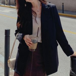 Women Blazer Single Button Slim High Quality Black Blazers Classic Solid Jackets Big Pockets Coat Ladies Formal Office Wear Fall