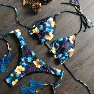 Sexy Brazilian Thong Swimsuit Two Piece Split Push Up Bandage Bahting Suit Women Printed Tassel Beach Wear Mujer Bikini Set 2021