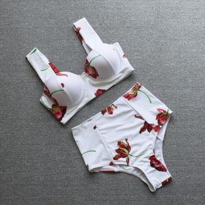 Boho Women Floral Bikini Sets White Swimwear Padded Bra High Waist Bottoms Swimsuit Fashion White Bathing Suit Beachwear
