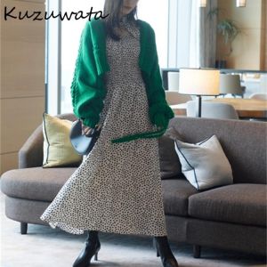 Kuzuwata 2021 Autumn Winter New Women Robes Japanese Temperament Sweet Vestidos Love Printed Drawstring Slim Waist Dresses