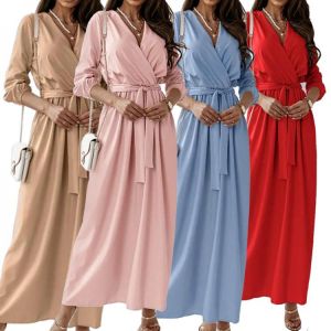 Women Plus Size Dreess Deep V Long Maxi Party Dress Casual Dress Dresses Vestido Vestidos Long Sleeve Soild Ladies Vintage Dress