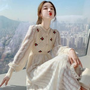 Knitting Maxi Dresses for Women Female 2021 Korea Style Slim Embroidery Wool Long Sleeve Woman Dress Party 2021 Autumn Winter