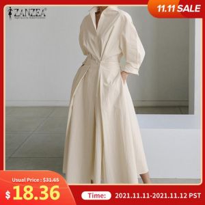 Oversized Elegant Women Autumn Sundress ZANZEA Fashion Lapel Neck Long Sleeve Solid Long Shirt Dress OL Vestidos Robe Femme