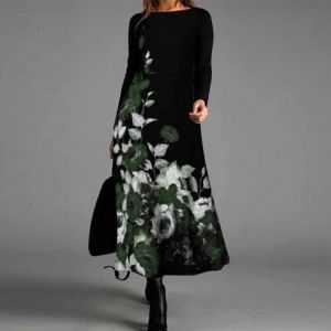 Dress Women Evening Dress O Neck Full Sleeve Party Dress Women Dress Free Shipping Floral Print Long Autumn Plus Size Vestidos