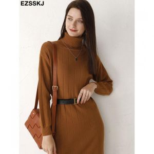 2021 Autumn Winter long thick Sweater Dress Women turtleneck long Sleeve straight maix Dress female girl warm long dress