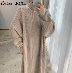 Retro Turtleneck Woolen Dress for Women Thicken Striped Autumn 2021 Oversized Long Knit Dresses Female Winter Sweater Clothing