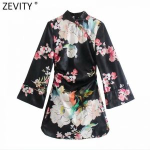 ZEVITY Women Elegant Stand Collar Floral Print Slim A Line Dress Female Chic Long Sleeve Back Zipper Satin Party Vestidos DS8906