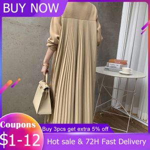 Korean Fashion Women Dress Elegance Round Neck Splicing Pleated Plus Velvet Warm 2021 Autumn Winter New Loose Casual Pullover