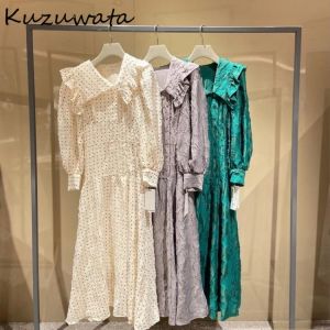Kuzuwata 2021 Winter New Women Robes Japanese Temperament Vestidos Jacquard Lapel Long Sleeve single bressted High Waist Dresses