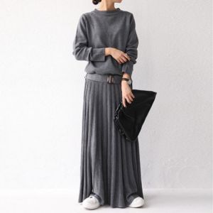 Winter Pleated Dress Long Sleeve Korean Japanese Style Women Elegant Knitted Pullover Maxi Sweater Dresses One-Piece With Belt